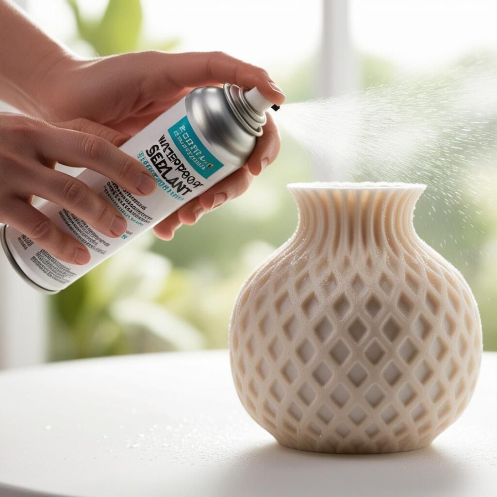 waterproof sealant being sprayed on a vase - Waterproof Your 3D Printed Vases