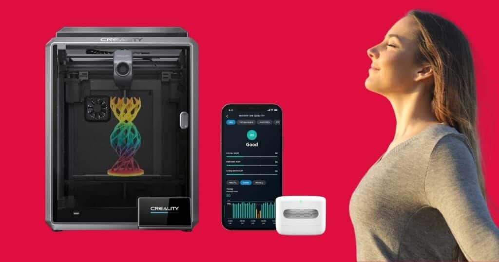 Amazon Smart Air Quality Monitor for 3D Printers in a 3D printing workspace with 3D-printed decor and green LED showing clean air.
