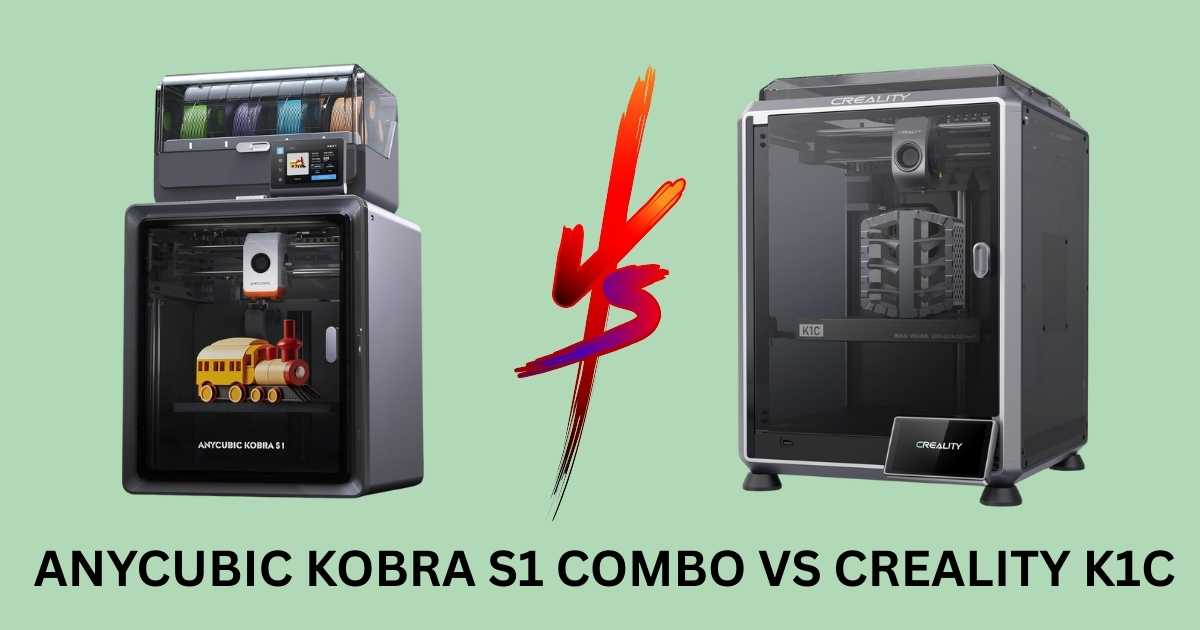 Anycubic Kobra S1 Combo vs Creality K1C printing vibrant 3D decor items on a modern workbench.
