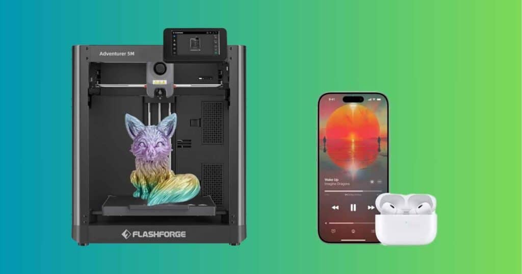 A tidy 3D printing workspace with a Flashforge Adventurer 5M 3D printer humming and Apple AirPods Pro 2 on the desk, glowing softly under LED lights - best AirPods for 3D printing