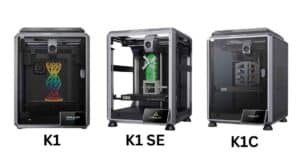 Creality K1, K1 SE, and K1C 3D printers side by side, printing vibrant designs on a workshop table.