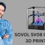 Sovol SV08 Core-XY 3D Printer printing a large, intricate vase in a modern living room, surrounded by colorful filament spools.