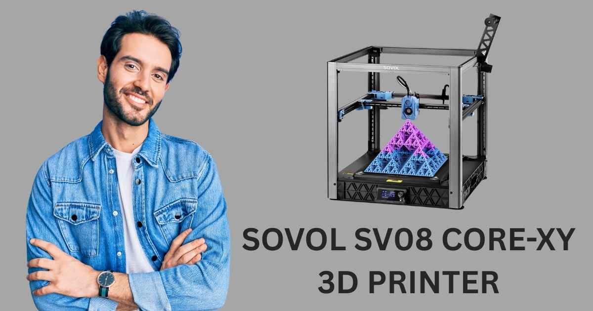 Sovol SV08 Core-XY 3D Printer printing a large, intricate vase in a modern living room, surrounded by colorful filament spools.