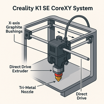 Diagram of Creality K1 SE’s CoreXY structure, highlighting graphite X-axis bushings, tri-metal nozzle, and direct drive extruder for fast printing. Creality K1 SE 3D Printer