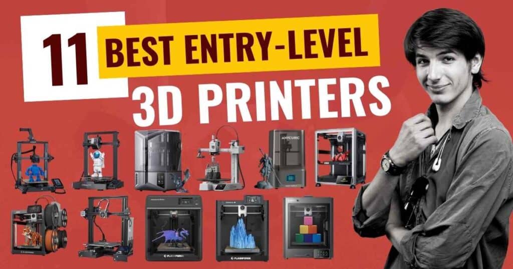 Collage of 11 best entry-level 3D printers for 2025 displayed on a workbench, showcasing various models for beginners.