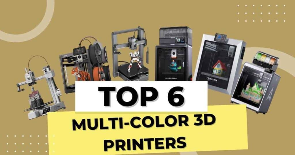 A vibrant, multi-colored 3D-printed model displayed on a sleek, modern desk, showcasing the capabilities of top multi-color 3D printers for beginners in 2025, with the Bambu Lab A1 Mini, FLASHFORGE AD5X, Creality Hi Combo, Anycubic Kobra S1, QIDI Q2, and Creality K2 Plus in the background.