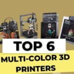 A vibrant, multi-colored 3D-printed model displayed on a sleek, modern desk, showcasing the capabilities of top multi-color 3D printers for beginners in 2025, with the Bambu Lab A1 Mini, FLASHFORGE AD5X, Creality Hi Combo, Anycubic Kobra S1, QIDI Q2, and Creality K2 Plus in the background.