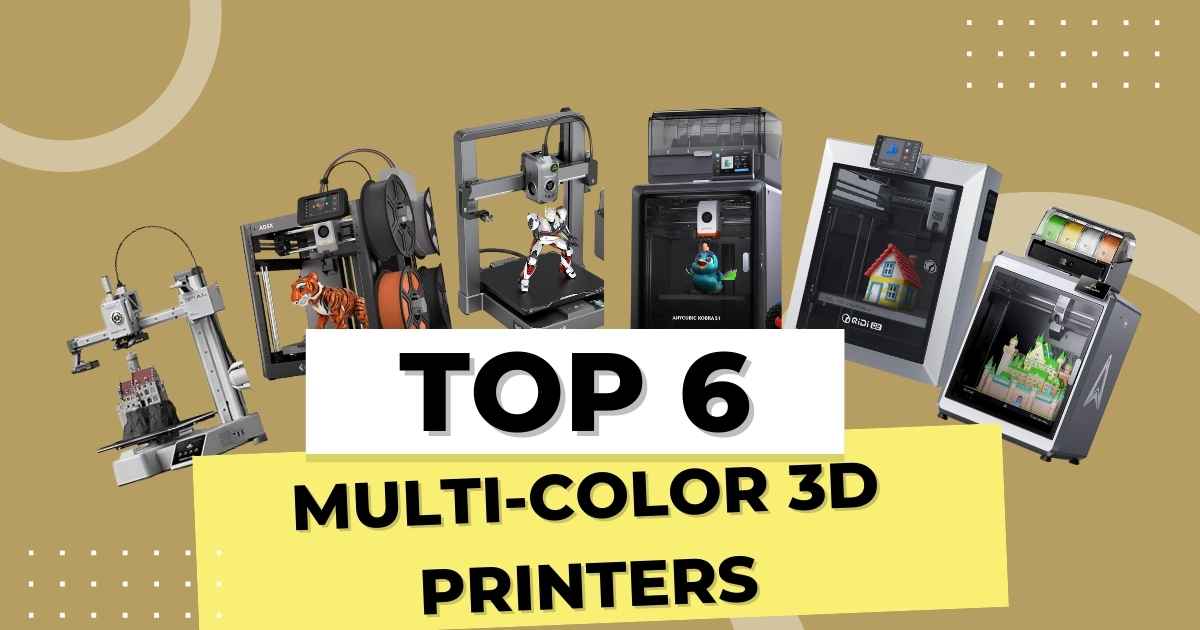 A vibrant, multi-colored 3D-printed model displayed on a sleek, modern desk, showcasing the capabilities of top multi-color 3D printers for beginners in 2025, with the Bambu Lab A1 Mini, FLASHFORGE AD5X, Creality Hi Combo, Anycubic Kobra S1, QIDI Q2, and Creality K2 Plus in the background.