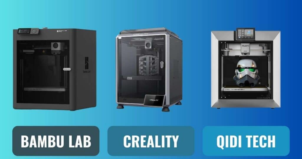 Bambu Lab P1S, Creality K1C, and Qidi Tech Plus 4 enclosed 3D printers side-by-side on a workbench, printing high-temperature engineering prototypes in ASA and Nylon. Bambu Lab P1S vs Creality K1C vs Qidi Tech Plus 4
