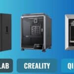 Bambu Lab P1S, Creality K1C, and Qidi Tech Plus 4 enclosed 3D printers side-by-side on a workbench, printing high-temperature engineering prototypes in ASA and Nylon.