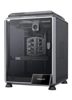 Creality K1C high-speed coreXY 3D printer with its door open, showcasing a finished black carbon fiber PLA print on the flexible build plate. Bambu Lab P1S vs Creality K1C vs Qidi Tech Plus 4