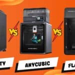 Creality K1C, Anycubic Kobra S1 Combo, and FLASHFORGE Adventurer 5M Pro 3D printers displayed with vibrant multi-color home decor items, including a rainbow vase, gradient wall art, and a functional lamp shade, showcasing their capabilities for 2025 decor projects.