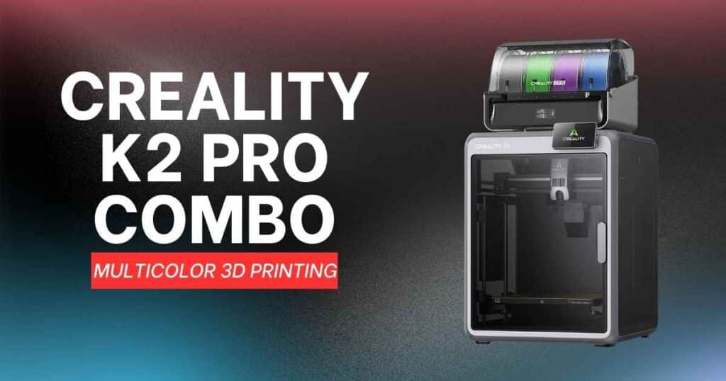 Creality K2 Pro Combo 3D Printer with multi-material CFS unit on top, shown inside its enclosed glass chamber with a vibrant multi-colored 3D print on the build plate.