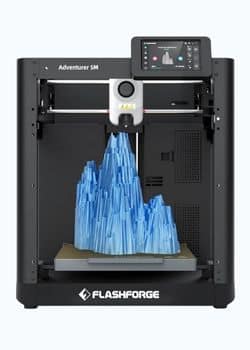 FLASHFORGE AD5M 3D printer with open-frame design, showcasing its compact build and filament holder for budget-friendly printing.