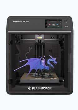 FLASHFORGE AD5M Pro 3D printer with enclosed chamber, highlighting its HEPA filters and camera for safe, professional printing.