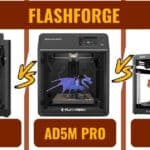 FLASHFORGE AD5M, AD5M Pro, and AD5X 3D printers side by side, showcasing their designs for comparison.