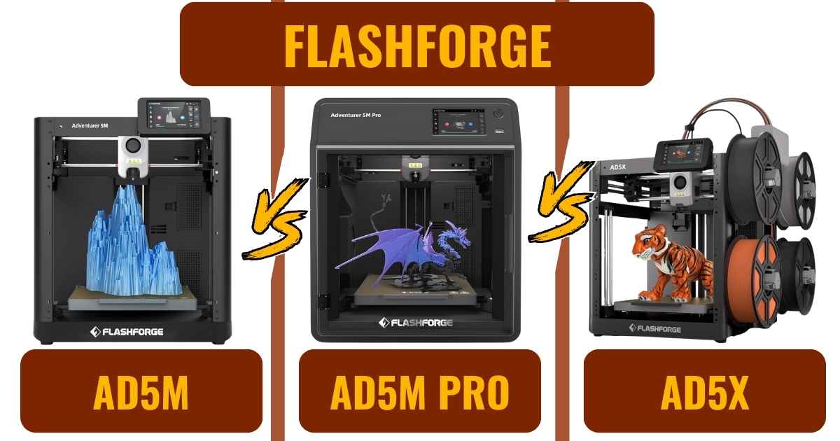 FLASHFORGE AD5M, AD5M Pro, and AD5X 3D printers side by side, showcasing their designs for comparison.