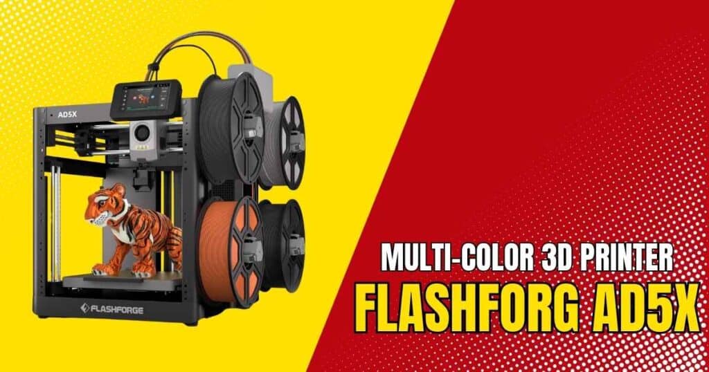 FLASHFORGE AD5X multi-color 3D printer with a sleek metal frame, displaying a vibrant 4-color print on its build plate.
