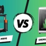 Side-by-side comparison of the white Prusa MK4S vs Creality K2 Plus 3D printers on a workbench, highlighting their size and design differences.