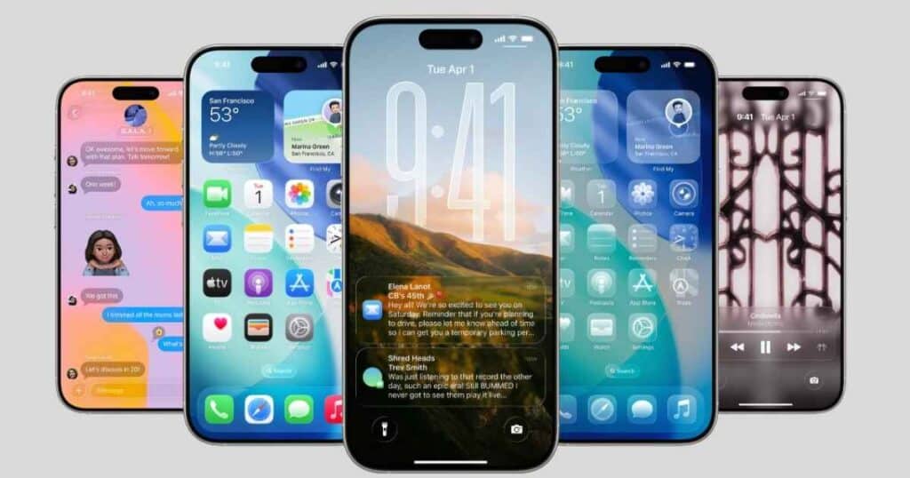 Five iPhone models showcasing iOS 26 features, including Liquid Glass app icons, a vibrant Lock Screen, Messages with polls, and CarPlay interface.