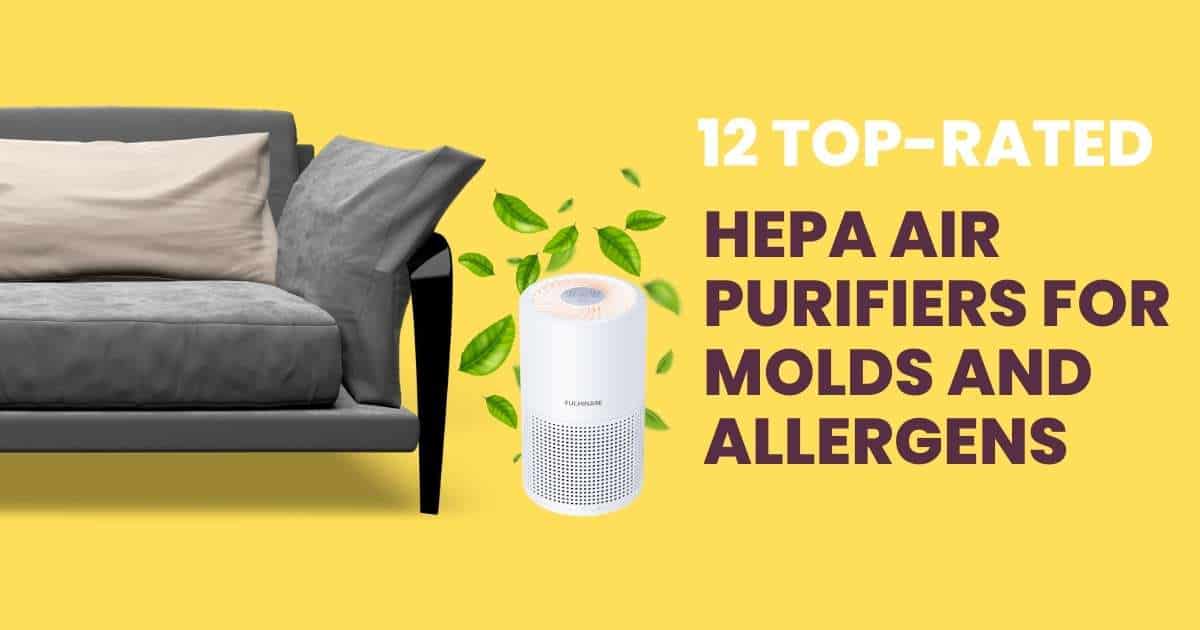 Collage of 10 HEPA air purifiers in a grid, displayed against a modern home interior with fresh air icons and "12 Top-Rated HEPA Air Purifiers for Molds and Allergens" text overlay.