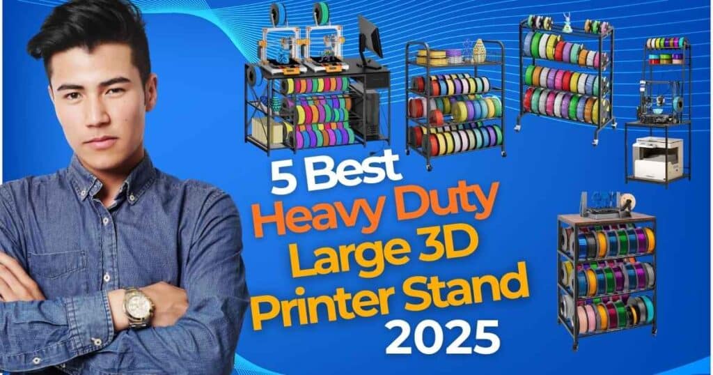Best Heavy Duty Large 3D Printer Stand with Filament Storage - Black large 3D printer stand with filament storage in a workshop, showcasing organized spools and tools.