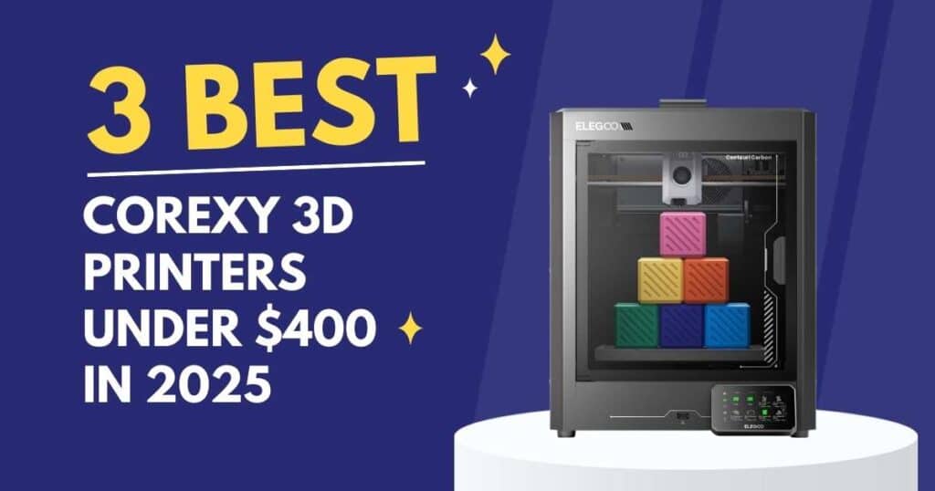 Comparison of top CoreXY 3D printers under $400 including Flashforge Adventurer 5M, Elegoo Centauri Carbon, and Adventurer 5M Pro models on a desk setup