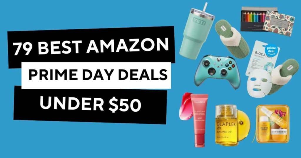 Collage of budget-friendly Amazon Prime Day products under $50, including beauty items, tech gadgets, toys, and home essentials on a white background.