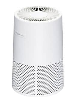 Amazon Basics Air Purifier: Front view of Amazon Basics Air Purifier, a white compact tower with touch controls and air quality indicator lights.
