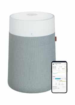 BLUEAIR Blue Pure 311i Max Air Purifier: Front view of BLUEAIR Blue Pure 311i Max Air Purifier, a gray and white tower with fabric pre-filter.