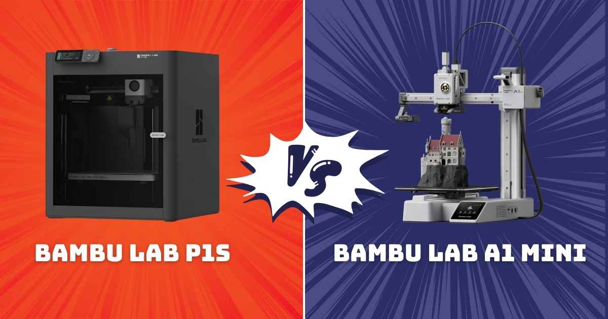 Side-by-side view of Bambu Lab P1S vs A1 Mini 3D printers on a workshop table.