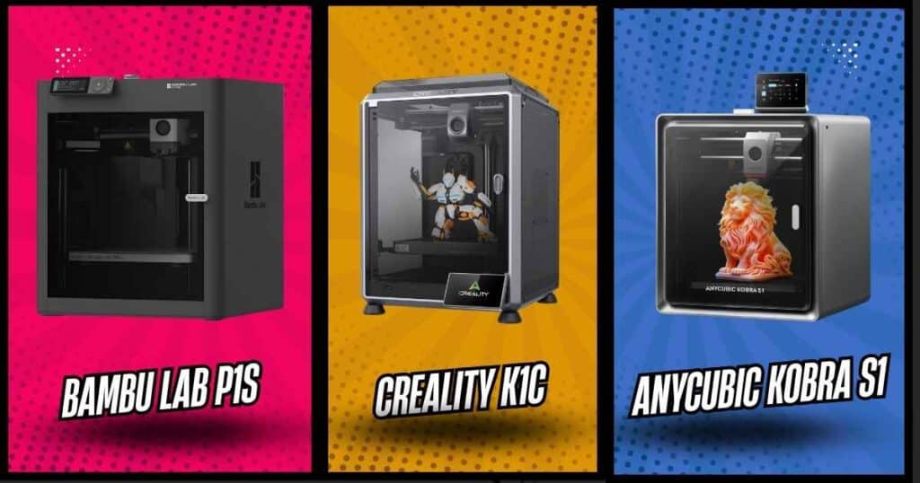 Bambu Lab P1S vs Creality K1C vs Anycubic Kobra S1 - Side-by-side comparison of Bambu Lab P1S, Creality K1C, and Anycubic Kobra S1 3D printers, showcasing their sleek designs and enclosed chambers for advanced filament printing.