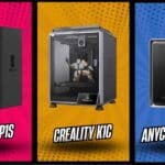 Side-by-side comparison of Bambu Lab P1S, Creality K1C, and Anycubic Kobra S1 3D printers, showcasing their sleek designs and enclosed chambers for advanced filament printing.