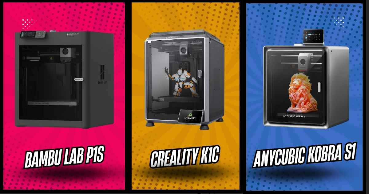 Side-by-side comparison of Bambu Lab P1S, Creality K1C, and Anycubic Kobra S1 3D printers, showcasing their sleek designs and enclosed chambers for advanced filament printing.