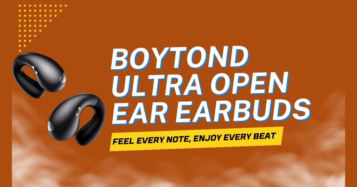 A pair of sleek, black Boytond Ultra Open Ear Earbuds clipped comfortably onto an ear, showcasing their ergonomic design.