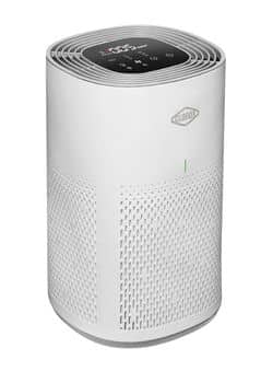 Clorox Medium Room Air Purifier: Front view of Clorox Medium Room Air Purifier, a white cylindrical unit with digital PM2.5 display.