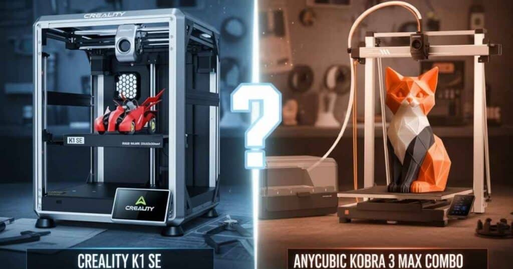A split image comparing the Creality K1 SE vs Anycubic Kobra 3 Max Combo 3D printers, with a large question mark in the center. The Creality K1 SE is on the left, and the Anycubic Kobra 3 Max Combo is on the right, with their names and the article's title "Which 3D Printer Reigns Supreme for Your Vision?" displayed below.