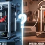 A split image comparing the Creality K1 SE vs Anycubic Kobra 3 Max Combo 3D printers, with a large question mark in the center. The Creality K1 SE is on the left, and the Anycubic Kobra 3 Max Combo is on the right, with their names and the article's title "Which 3D Printer Reigns Supreme for Your Vision?" displayed below.