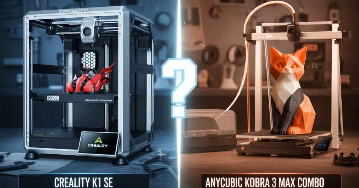 A split image comparing the Creality K1 SE vs Anycubic Kobra 3 Max Combo 3D printers, with a large question mark in the center. The Creality K1 SE is on the left, and the Anycubic Kobra 3 Max Combo is on the right, with their names and the article's title "Which 3D Printer Reigns Supreme for Your Vision?" displayed below.