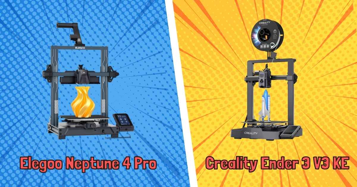Elegoo Neptune 4 Pro and Creality Ender 3 V3 KE 3D printers side-by-side on a workshop bench, illustrating a comparison for beginners.