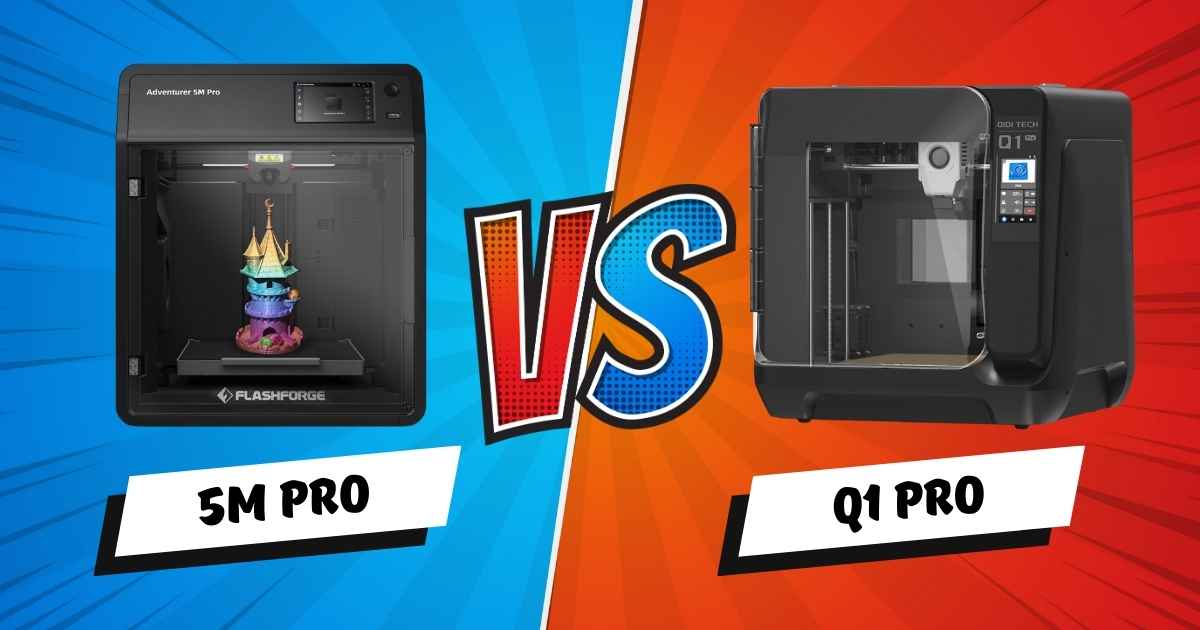 Side-by-side comparison of Flashforge Adventurer 5M Pro and Qidi Q1 Pro 3D printers with text overlay 'Flashforge Adventurer 5M Pro vs Qidi Q1 Pro: Which Budget Printer Wins in 2025?