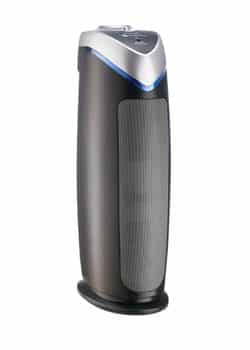 GermGuardian AC4825E Air Purifier: Front view of GermGuardian AC4825E Air Purifier, a gray tower with control knob and UV-C light indicator.