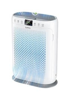 LUNINO H13 HEPA Air Purifier: Front view of LUNINO H13 HEPA Air Purifier, a white tower with real-time PM2.5 screen.