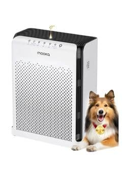 MOOKA M200L Air Purifier: Front view of MOOKA M200L Air Purifier, a white tower with digital display and air vents.