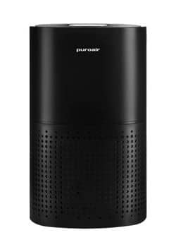 PuroAir 240 HEPA Air Purifier: Front view of PuroAir 240 HEPA Air Purifier, a black cylindrical tower with air intake vents and top control panel.