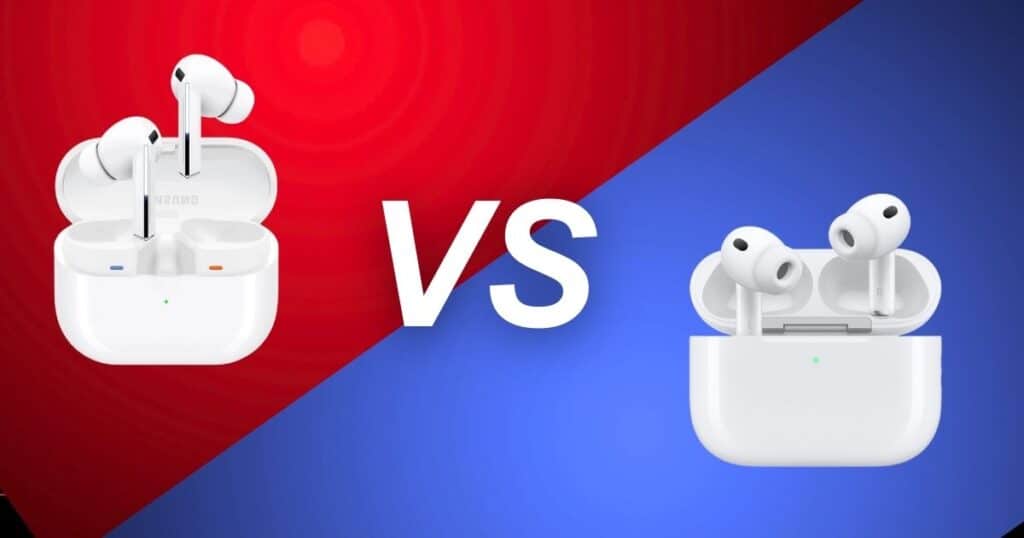 Samsung Galaxy Buds 3 Pro vs Apple AirPods Pro 3 - Close-up of Samsung Galaxy Buds 3 Pro and Apple AirPods Pro 3 side by side, showcasing their sleek designs for a wireless earbuds comparison.