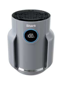 Shark NeverChange Compact Pro Air Purifier: Front view of Shark NeverChange Compact Pro Air Purifier, a gray compact device with digital display.