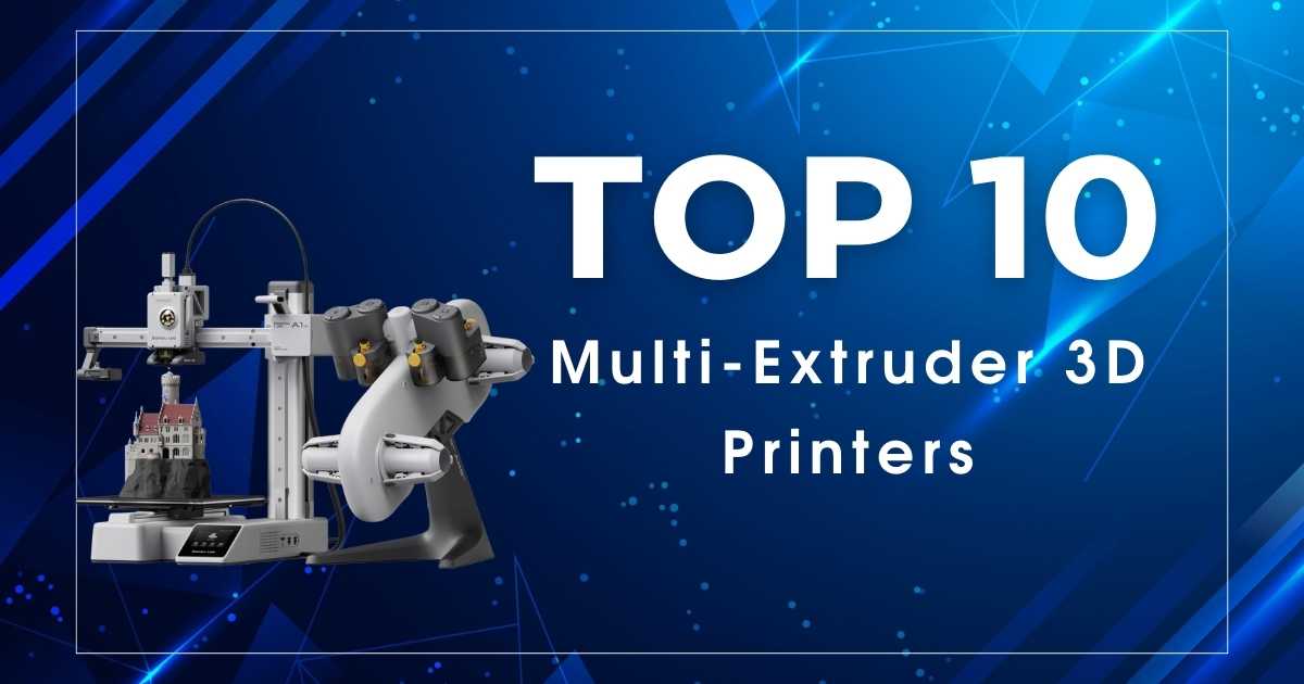 A standalone image of Bambu Lab A1 Mini with AMS Lite againt a blue background with text "Top 10 Multi-Extruder 3D Printers in 2025"