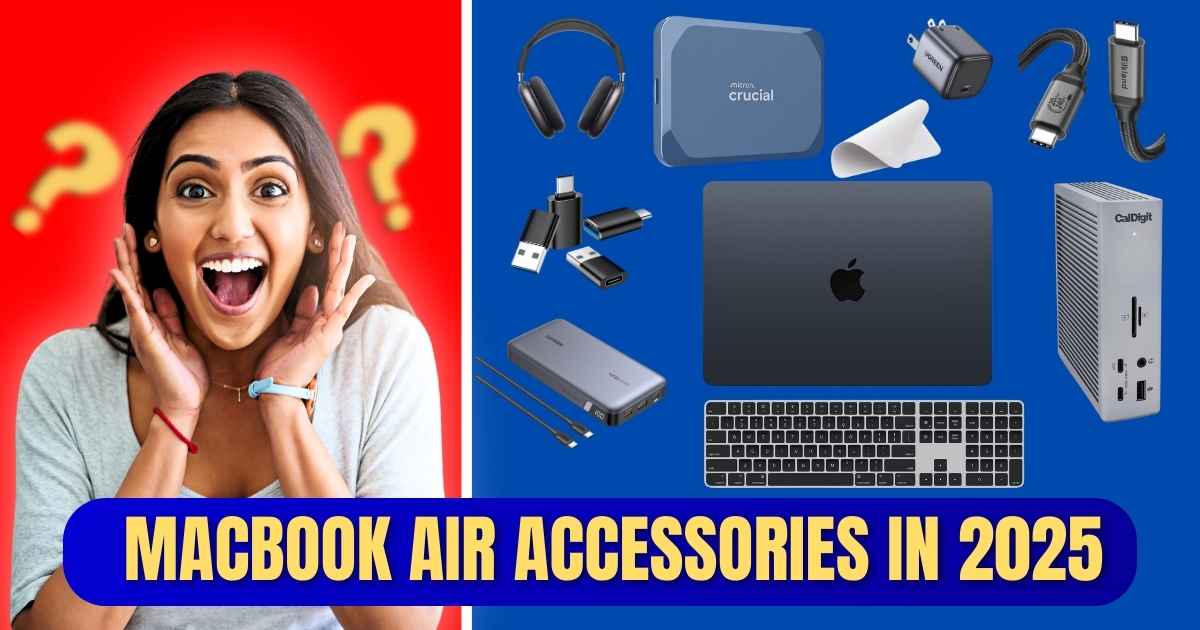 A happy, excited Indian woman besides Top 18 Must-Have MacBook Air Accessories in 2025 for Work, Travel, and Creativity