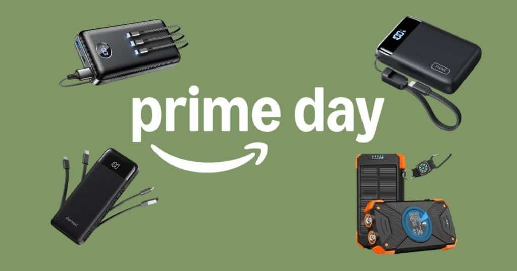 A vibrant outdoor scene featuring a collection of modern power banks and chargers on a rustic wooden table, with autumn foliage and warm sunlight in the background, highlighting the convenience of portable power solutions during October 2025 Prime Day Deals on Chargers and Power Banks